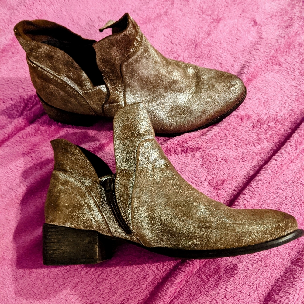 Leather Golden Brown Andke Boots with Silver Iridescence Overlay, Stunning